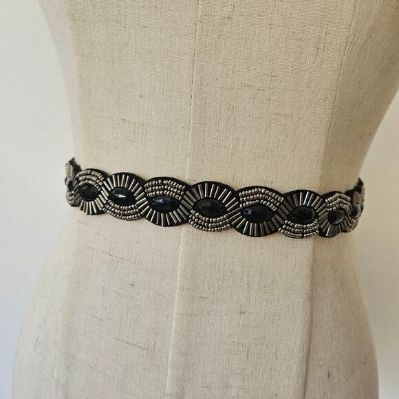 None and/or Unknown Accessories - Scallop Beaded Elastic Stretch Belt Black Silver‎ Grey OS